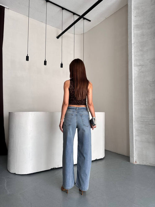 Kıvrılmış Bel Wide Leg Jean Mavi