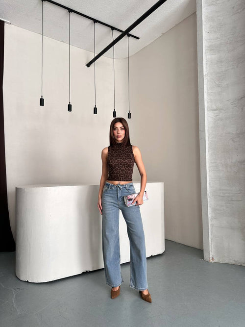 Kıvrılmış Bel Wide Leg Jean Mavi